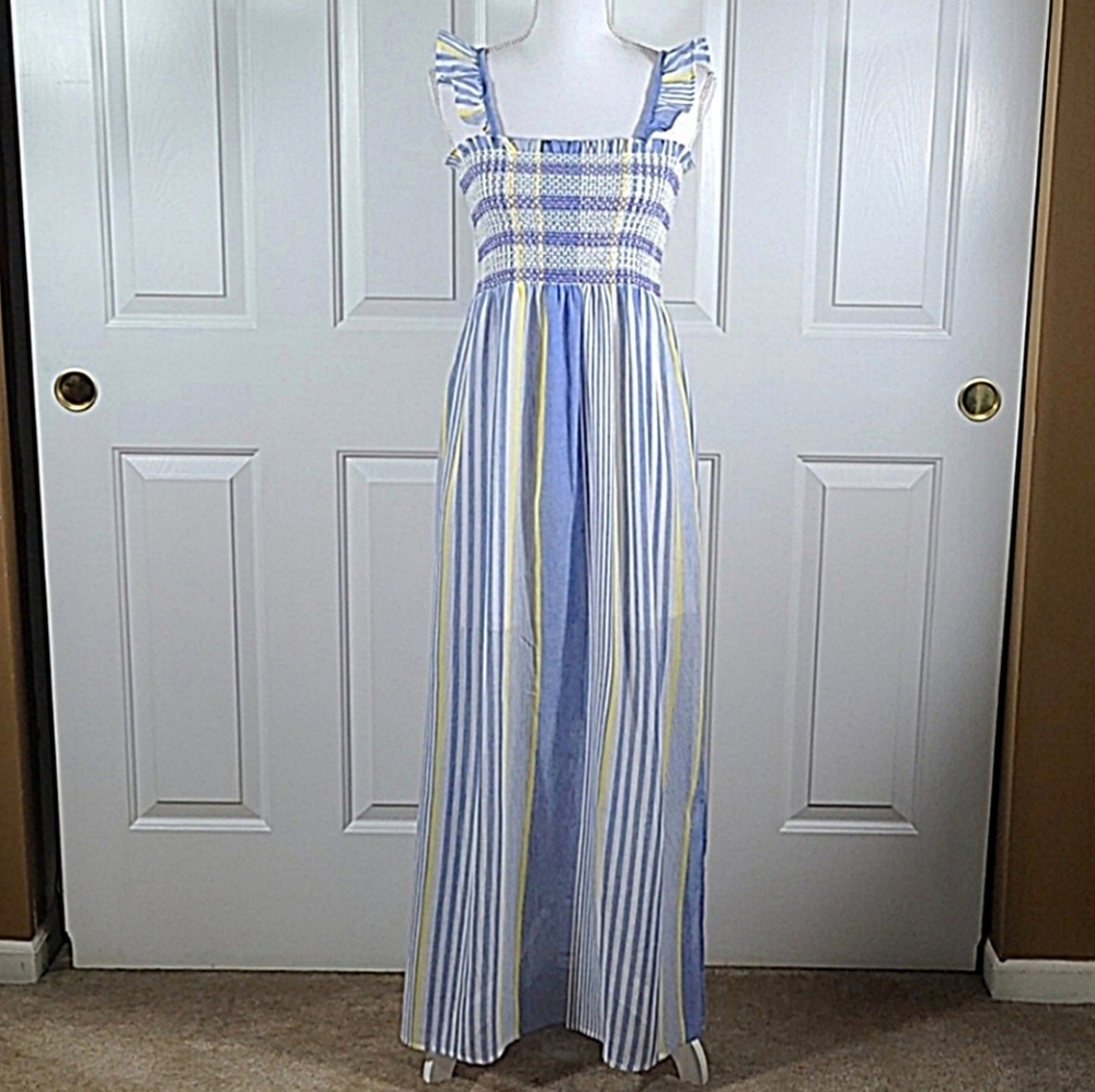 NWT Cotton Maxi Dress Sundress w/ Ruffle Straps Striped Blue Yellow & White - Picture 4 of 17